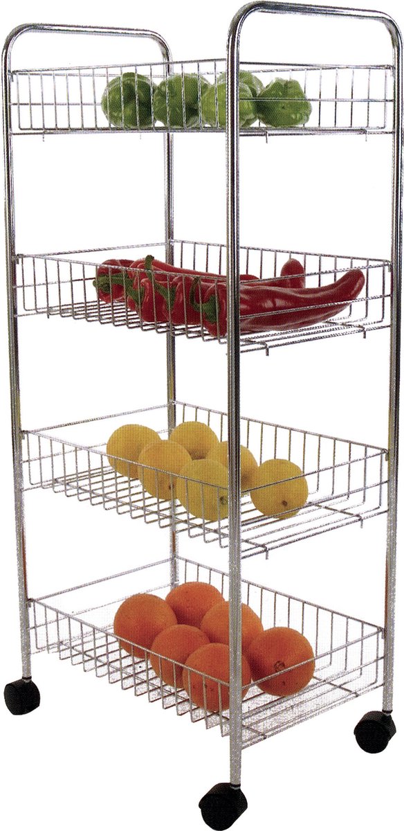 MSV Keuken/badkamer trolley - rvs metaal - zilver - met wielen - 41 x 26 x 83 cm - 4 niveaus