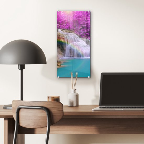 MuchoWow® Peinture sur verre 20x40 cm - Peinture sur verre acrylique - Cascade - Arbres - Arc-en-ciel - Violet - Photo sur verre - Peintures