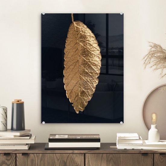 MuchoWow® Peinture sur verre 30x40 cm - Peinture sur verre acrylique - Feuilles - Zwart - Or - Luxe - Nature - Photo sur verre - Peintures