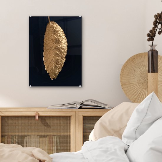 MuchoWow® Peinture sur verre 30x40 cm - Peinture sur verre acrylique - Feuilles - Zwart - Or - Luxe - Nature - Photo sur verre - Peintures