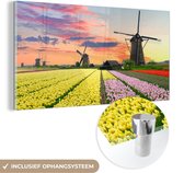 MuchoWow® Glasschilderij 40x20 cm - Schilderij acrylglas - Windmolen - Tulpen - Bloemen - Nederland - Foto op glas - Schilderijen