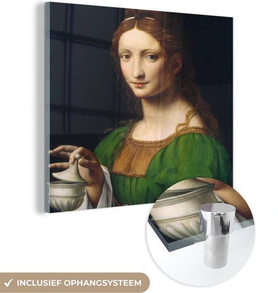 MuchoWow® Glasschilderij 50x50 cm - Schilderij acrylglas - Maria Magdalena - Leonardo da Vinci - Foto op glas - Schilderijen