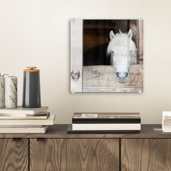 MuchoWow® Peinture sur verre 20x20 cm - Peinture sur verre acrylique - Paarden - Écurie - Planches - Photo sur verre - Peintures