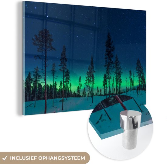 Glasschilderij - Noorderlicht - Sneeuw - Boom - Acrylglas Schilderijen - Foto op Glas