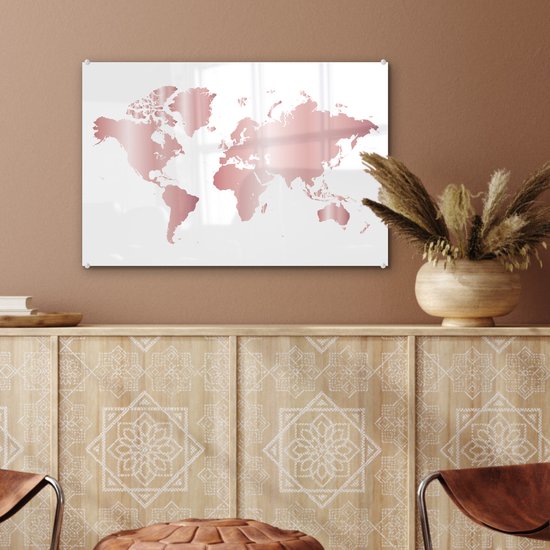 Tableau sur verre MuchoWow® 60x40 cm - Tableau sur verre acrylique - Wereldkaart - Rose - Enfants - Garçons - Filles - Photo sur verre - Décoration murale salon - Décoration murale chambre - Peintures