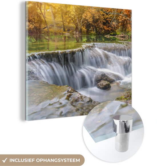 MuchoWow® Glasschilderij 20x20 cm - Schilderij acrylglas - Herfst - Waterval - Natuur - Bomen - Foto op glas - Schilderijen