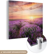 MuchoWow® Glasschilderij 50x50 cm - Schilderij acrylglas - Lavendel - Zon - Bloemen - Foto op glas - Schilderijen