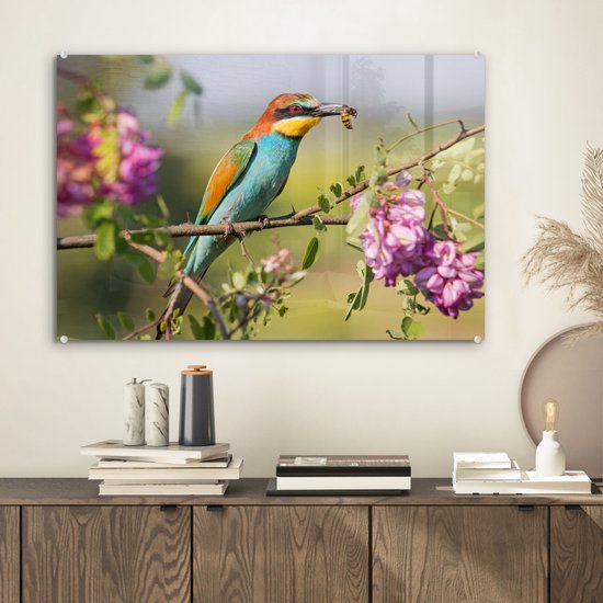 MuchoWow® Peinture sur verre 60x40 cm - Peinture sur verre acrylique - Vogel - Guêpier - Fleurs - Photo sur verre - Peintures
