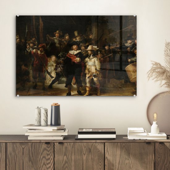 MuchoWow® Peinture sur Verre - La Nachtwacht - Art - Maîtres Anciens - Rembrandt - 60x40 cm - Peintures sur Verre Acrylique - Photo sur Glas