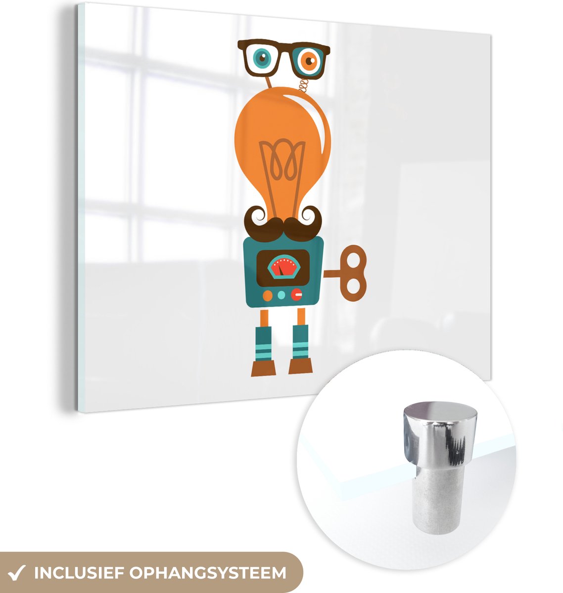 MuchoWow® Glasschilderij 80x60 cm - Schilderij acrylglas - Robot - Bril - Gloeilamp - Snor
