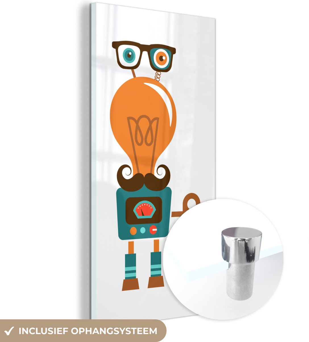 MuchoWow® Glasschilderij 80x160 cm - Schilderij acrylglas - Robot - Bril - Gloeilamp - Sno