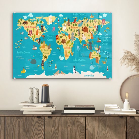 MuchoWow® Tableau sur verre 60x40 cm - Tableau sur verre acrylique - Wereldkaart - Enfants - Animaux - Jaune - Blauw - Garçons - Filles - Photo sur verre - Décoration murale salon - Décoration murale chambre - Peintures