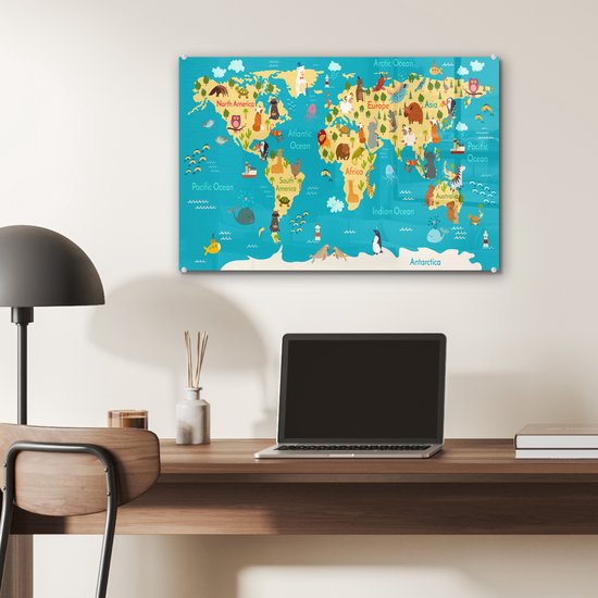 MuchoWow® Tableau sur verre 60x40 cm - Tableau sur verre acrylique - Wereldkaart - Enfants - Animaux - Jaune - Blauw - Garçons - Filles - Photo sur verre - Décoration murale salon - Décoration murale chambre - Peintures