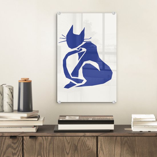 MuchoWow® Peinture sur verre 20x30 cm - Peinture sur verre acrylique - Chat - Animaux domestiques - Blauw - Matisse - Photo sur verre - Peintures