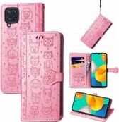 Voor Gaxlay M32 Leuke Kat en Hond Reliëf Horizontale Flip Lederen Case met Houder & Kaartsleuven & Portemonnee & Lanyard (Roze)