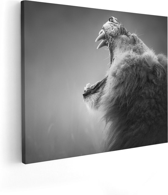 Artaza Canvas Schilderij Brullende Leeuw - Zwart Wit  - 50x40 - Foto Op Canvas - Canvas Print