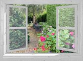 tuinposter - 130x95 cm - doorkijk - wit venster - tuinpad met hortensia's - tuindoek - schuttingposter - muurposter