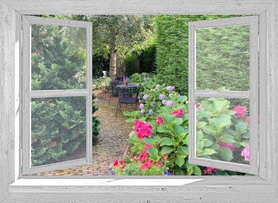 tuinposter - 130x95 cm - doorkijk - wit venster - tuinpad met hortensia's -  tuindoek -... | bol.com