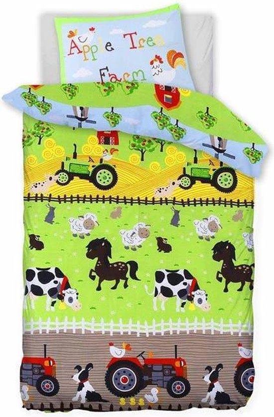 Peuter / junior jongens dekbedovertrek boerderij met trekker (tractor) en boerderijdieren (koe, paard, schaap, kip, eend) in de groene weide met appelbomen 120 x 150 cm (beddengoed kinderkamer!)