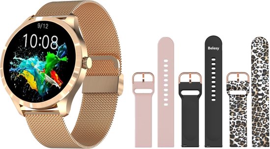 Belesy® Q9 Pro - Smartwatch Dames – Smartwatch Heren - Horloge - 1.28 inch - Kleurenscherm - Stappenteller - Bloeddruk - Hartslag - 75+ Wijzerplaten – Sporten - Staal – Goud - Kerstcadeau