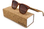 Bluxer® Zonnebril voor Heren en Dames Polaroid - Hippe Houten Zonnebril Gepolariseerd - UV400 Lens - Acetate Frame met Zebra Wood - Bruine Lens