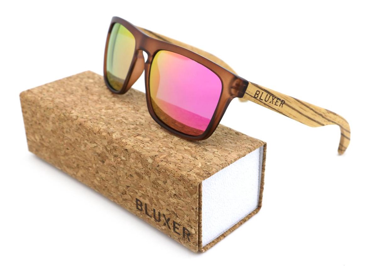 Bluxer® Zonnebril Heren - Hippe Houten Zonnebril Gepolariseerd UV400 Lens - Zebra Wood - Paarse Lens - Dames en Heren - Trendy Zonnebril - Duurzaam en Milieuvriendelijk - Handgemaakt - Zonnebril met Houten Montuur