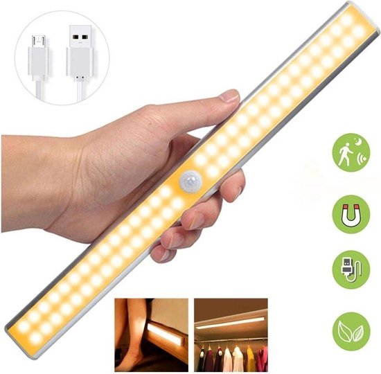 AiQInu 146 led-kastlamp met bewegingsmelder, USB-oplaadbaar, kastlamp, 40 cm, dimbaar, met magneetstrip voor keuken, trappen
