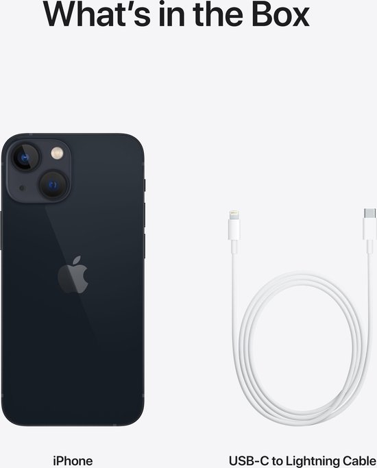 De inhoud van de doos: een zwarte iPhone 13 mini en een witte USB-C naar Lightning kabel.
