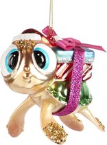 Viv! Home Luxuries Kerstornament - schildpad met cadeautjes - glas - groen goud - 11cm