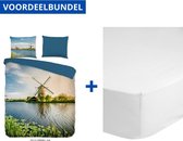 Luxe Zachte Dekbedovertrek Eenpersoons - 140x200/220cm - Inclusief 1 Kussensloop - 100% Versterkt Katoen - Windmolen + Zachte Katoenen Hoeslaken -100x200cm - Wit