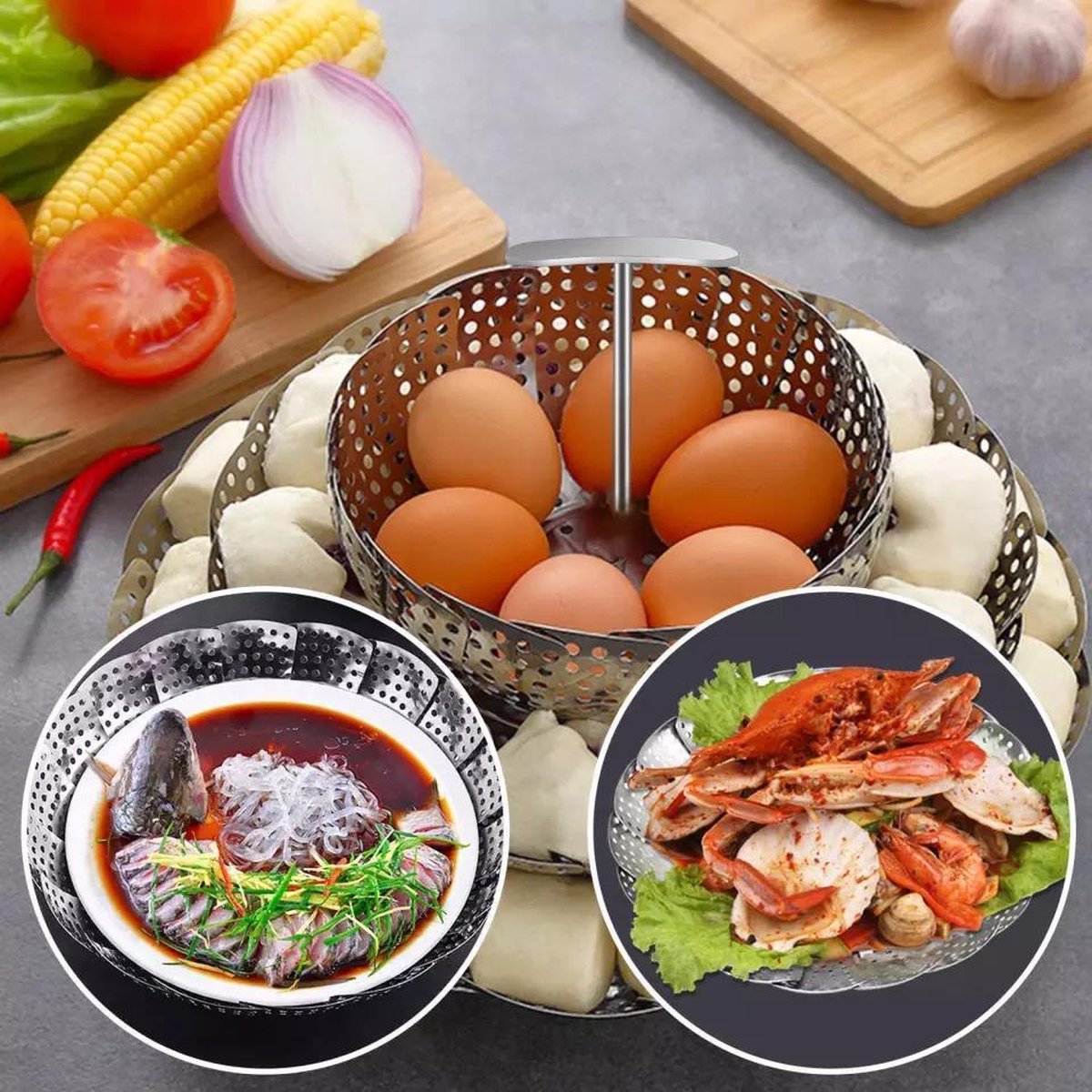 RVS Stoomrek- Stoommand Pan- Groentenstomer - Verstelbaar - stoominzet - Stoombloem- steamer basket- voor groenten/vegetables — cadeau in Kookcadeaus - foto 3