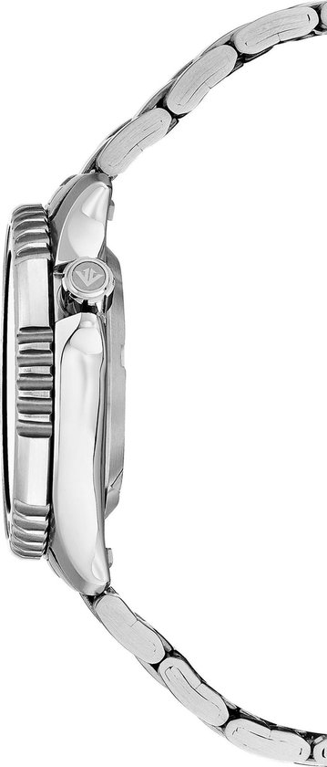 Zijaanzicht van een zilverkleurig Citizen Promaster horloge met metalen band.