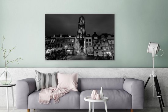 Tableau sur toile La Tour Dom à Utrecht la nuit - noir et blanc - 120x80 cm - Décoration murale