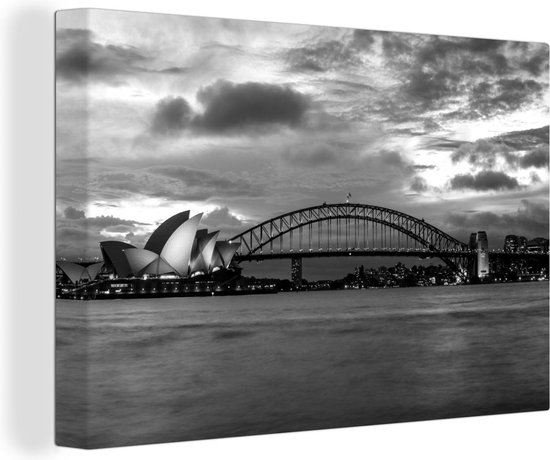 Canvas Schilderij Het Opera van Sydney en de Sydney Harbour Bridge in Australië - zwart wit - 90x60 cm - Wanddecoratie