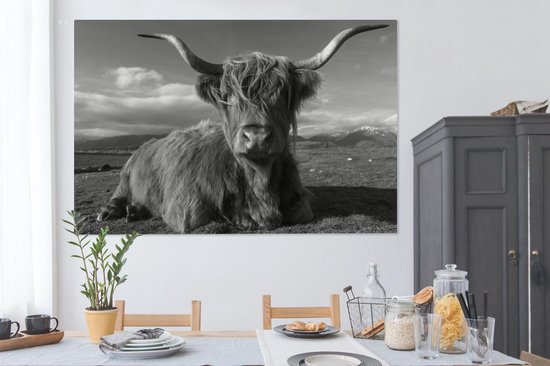 Peinture sur toile Highlander écossais - noir et blanc - 150x100 cm - Décoration murale