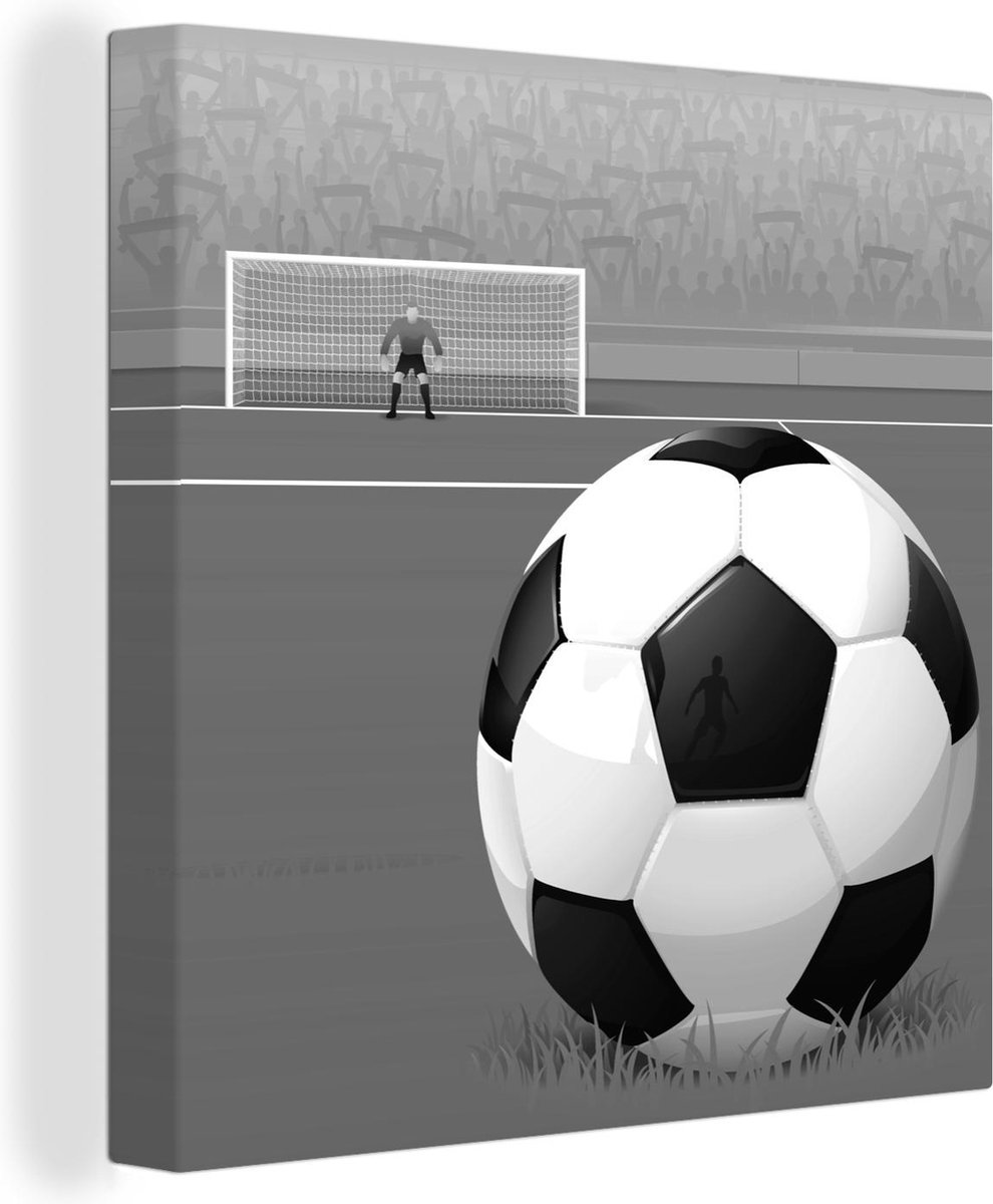 Canvas Schilderij Een illustratie van een voetbal op het veld in het stadion - Jongens - Meiden - Kids - 20x20 cm - Wanddecoratie
