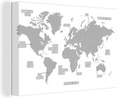 Canvas Wereldkaart - 60x40 - Wanddecoratie Licht grijze wereldkaart - zwart wit