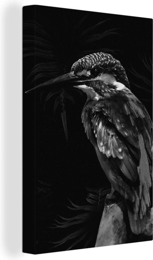 Canvas Schilderij Vogel op een tak tegen een zwarte achtergrond - zwart wit - 60x90 cm - Wanddecoratie