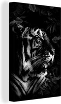 Canvas Schilderij Brullende tijger tussen de bladeren - zwart wit - 20x30 cm - Wanddecoratie