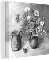 Canvas Schilderij Stilleven van bloemen in een vaas - zwart wit - 90x90 cm - Wanddecoratie