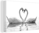Canvas schilderij 150x100 cm - Wanddecoratie Zwanen in hartvorm - zwart wit - Muurdecoratie woonkamer - Slaapkamer decoratie - Kamer accessoires - Schilderijen