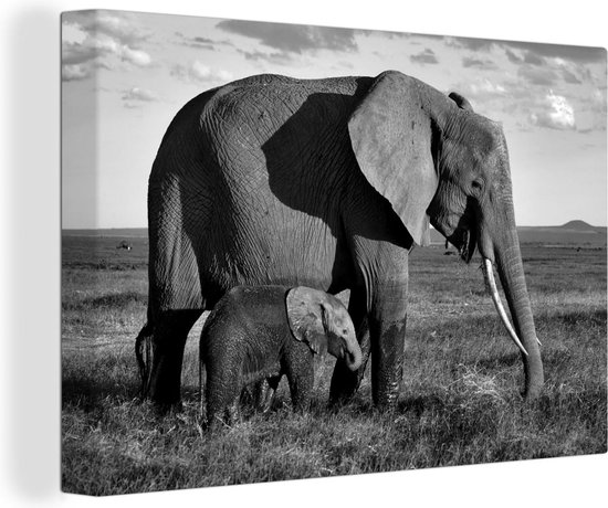 Canvas schilderij 150x100 cm - Wanddecoratie Moeder en baby olifant door de savanne - zwart wit - Muurdecoratie woonkamer - Slaapkamer decoratie - Kamer accessoires - Schilderijen