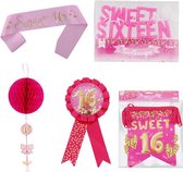 Sweet Sixteen Pakket - Tiener Verjaardag - Feest Versiering - Sweet 16 - Roze - 5 Delig