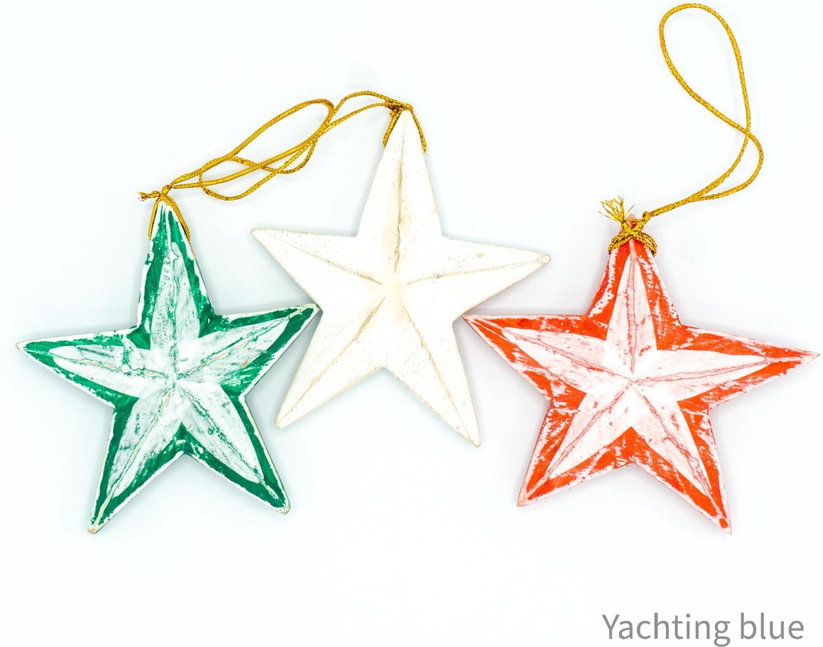 6 houten kerststerren - rode ster -witte ster - groene ster - kersthangers - set van 6 sterren - ornament - kerst -