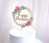 Cake topper - Decoratie - Rond met bloemen - Taartversiering - Happy birthday - 1 stuk - Goud - RO-01