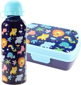 Broodtrommel + drinkfles OLIFANT Jungledieren | Lunchbox en aluminium drinkbeker voor kinderen donkerblauw | LS23c