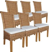 Sunfield Eetkamerstoelen set | 6 stuks | Rotan Stoelen | Bruin Perth | Zitkussens Linnen Wit