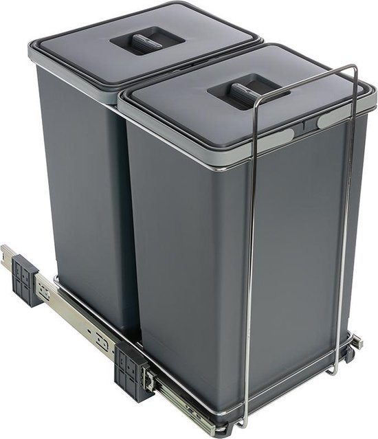 Eleganca afvalbak 2x24L - uittrekbare prullenbak - inbouw afvalemmer 48L - antraciet - B31.5xD42xH51.5cm