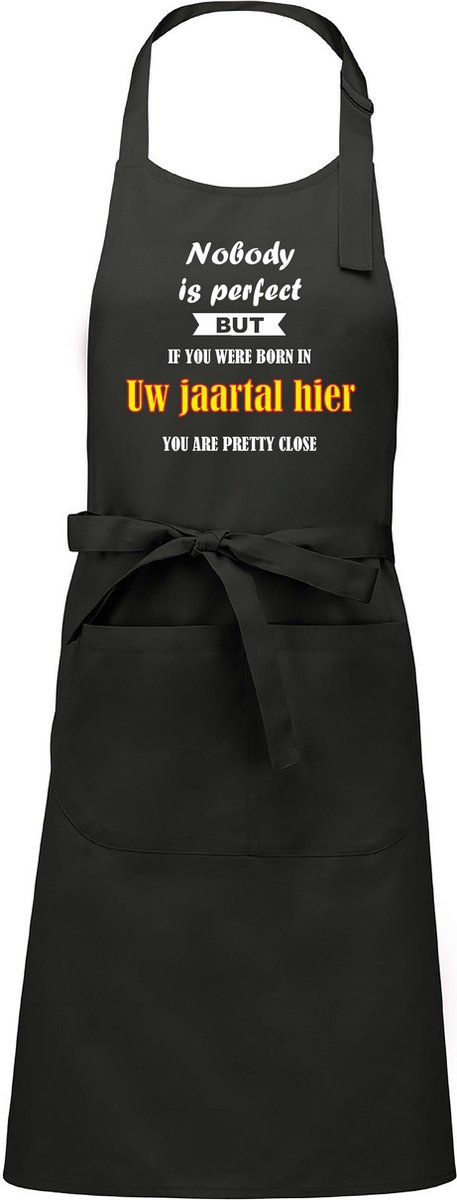 Mijncadeautje - Luxe schort - Nobody is perfect - Jaartal naar keuze - chique grijs