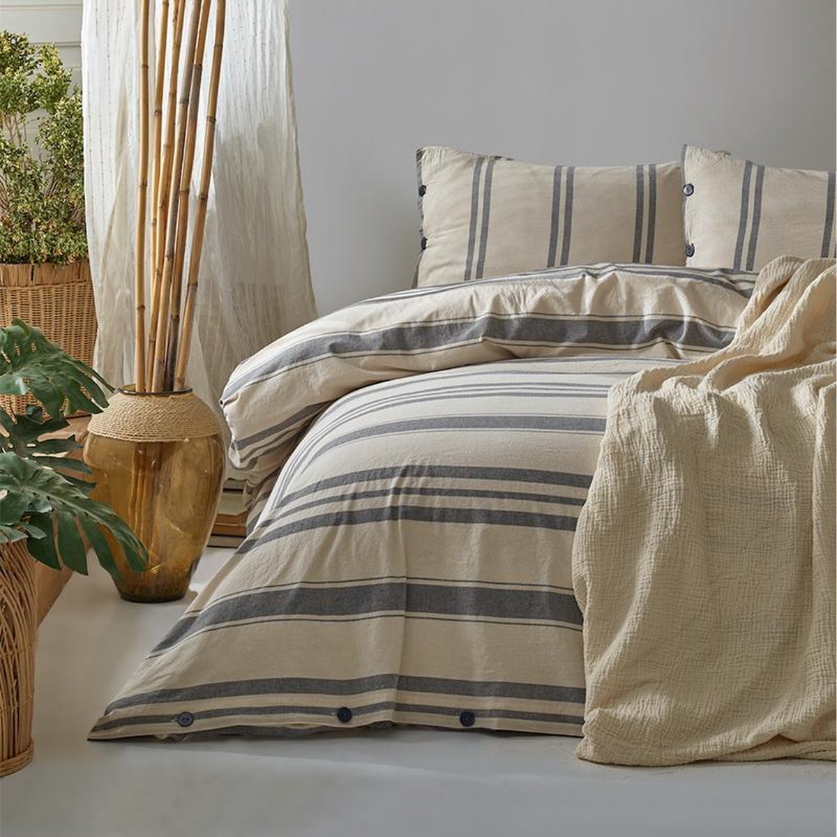 100% katoenen mousseline woondeken, 4 lagen sprei, zachte Turkse katoenen mousseline bedhoes, omkeerbare overtrek, bruin (230 x 240 cm